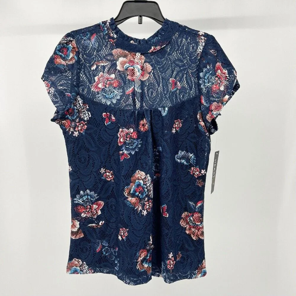 HeartSoul Lace Top M‎ Womens NWT Tank Underlay Blue Floral Blouse Size Medium